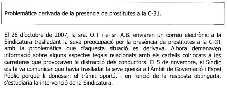 Extracte de l'informe del Síndic de Greuges de Gavà de l'any 2007 en el que s'hi inclou la queixa sobre la prostitució que es practica a l'autovia de Castelldefels (C-31) al seu pas per Gavà Mar